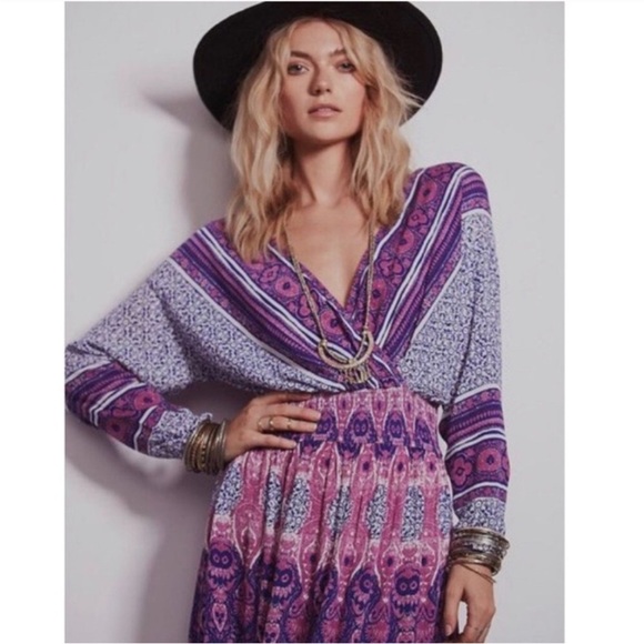 Free People She’s A Lady Reversible Maxi Dress Purple Boho Print Size Small Midi - Picture 6 of 17